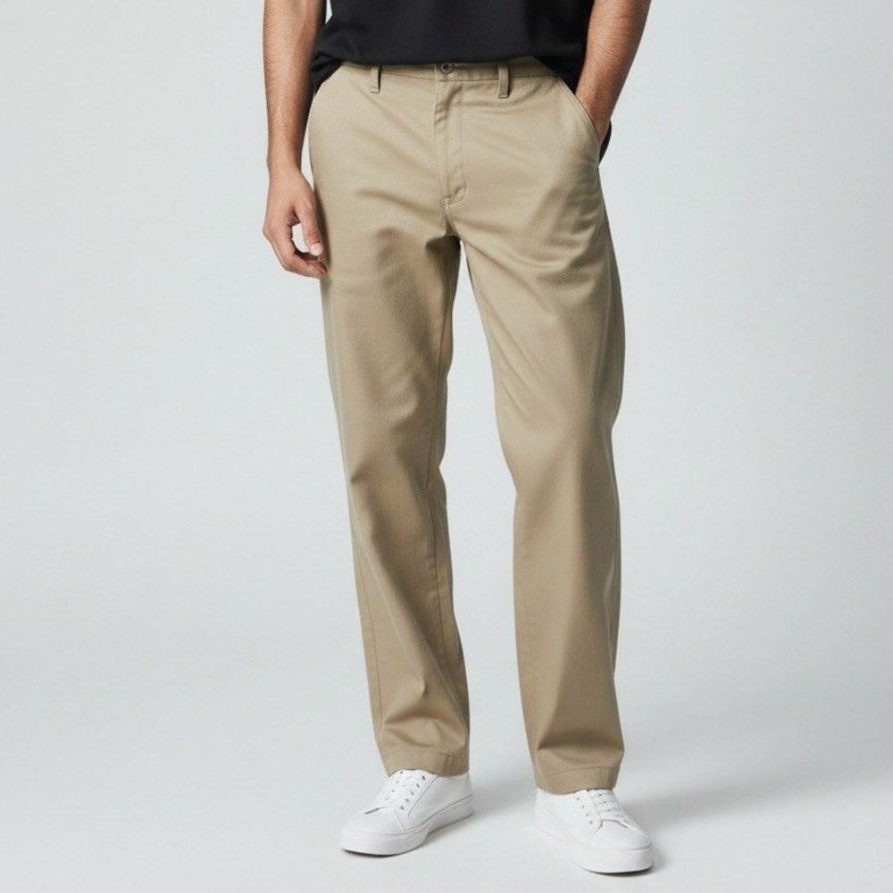 Mens Khaki Tan Straight Leg Chino Workwear Pants Trousers 35x32